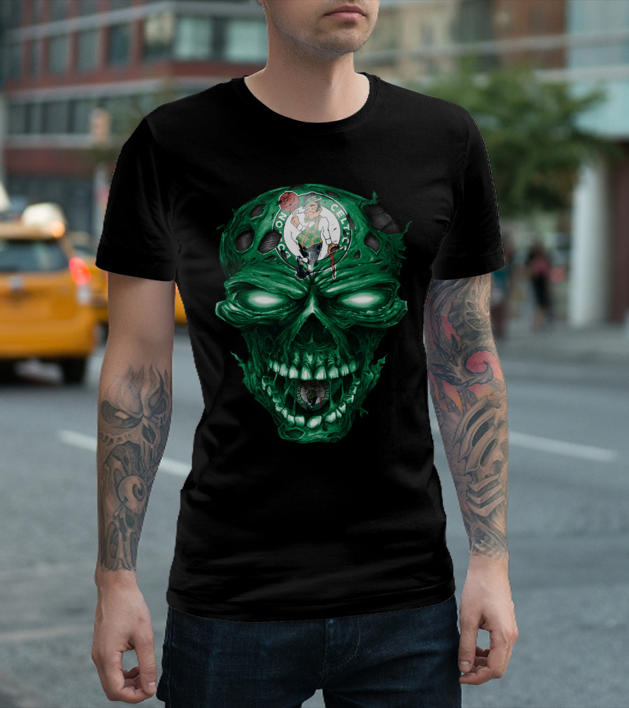 Boston Celtics Skull With Team Logo And Green Fire Eyes T-Shirt