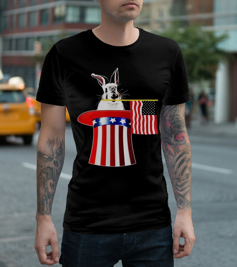 Rabbit in Stars and Stripes Hat with American Flag 4th of July T-Shirt