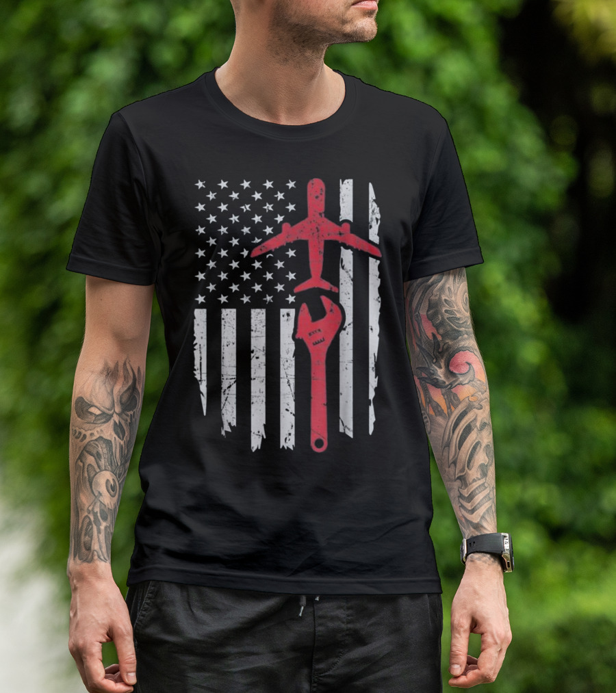 American Flag Airplane Mechanic Aviation Technician Wrench T-Shirt