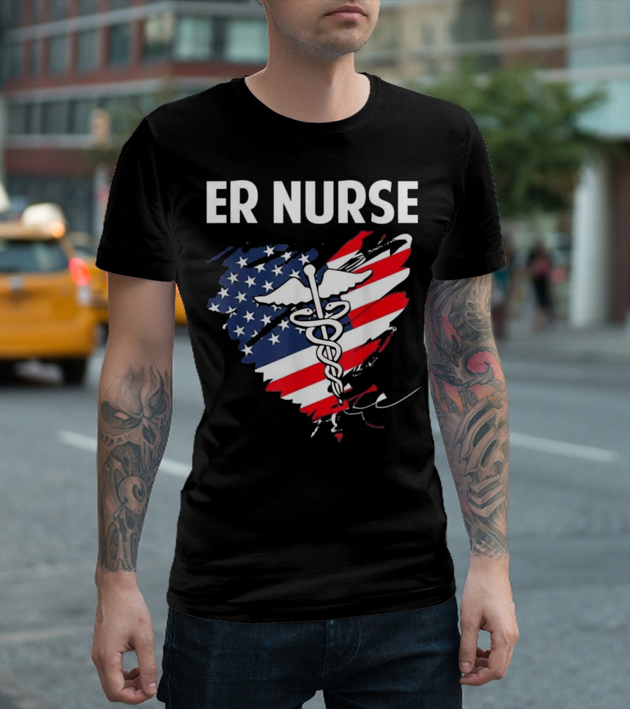 ER Nurse American Flag Caduceus Medical T-Shirt