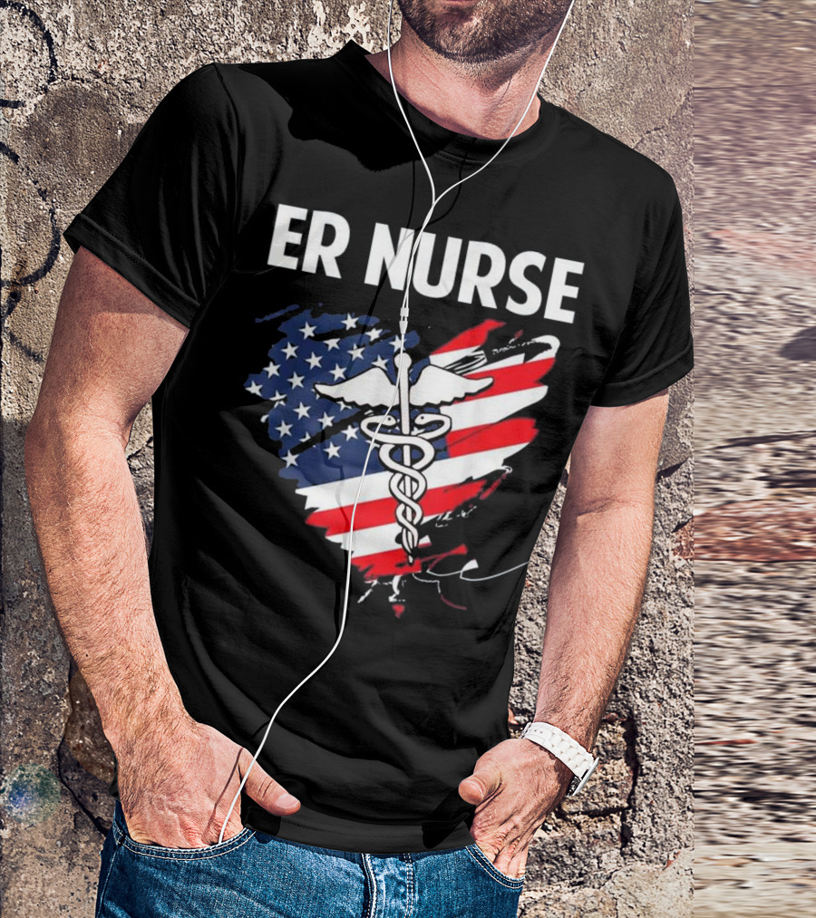 ER Nurse American Flag Caduceus Medical T-Shirt