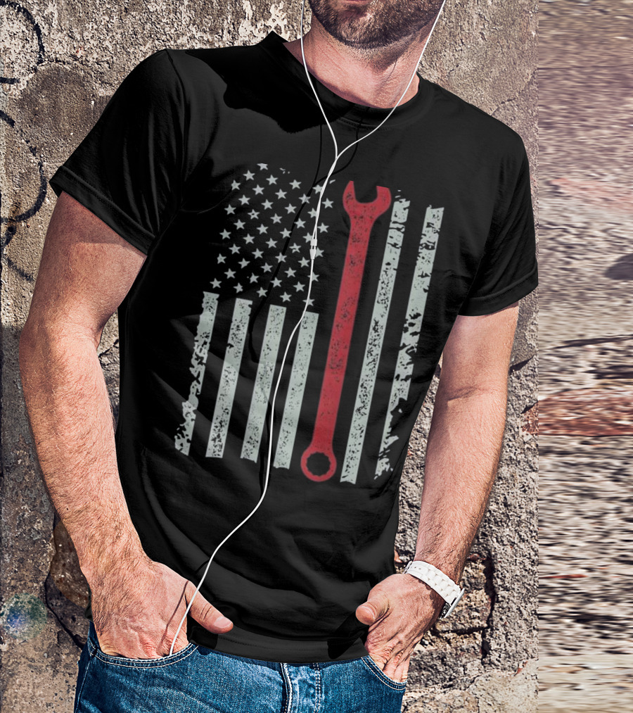 American Flag Mechanic Wrench Patriotic USA Pride T-Shirt