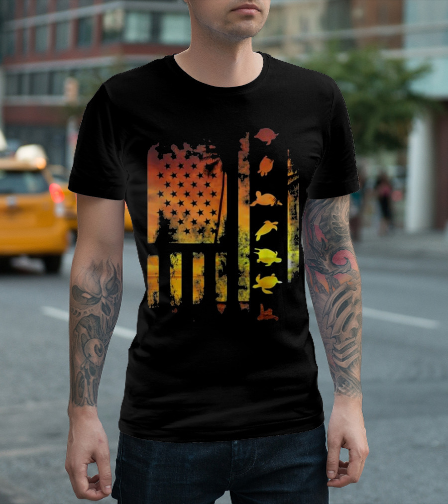 American Flag Sunset Sea Turtle T-Shirt
