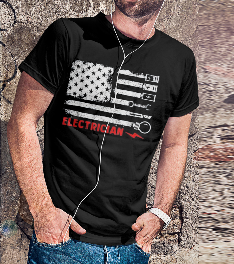 American Flag Electrician Wrench Bolt Battery Stars Stripe Icons T-Shirt