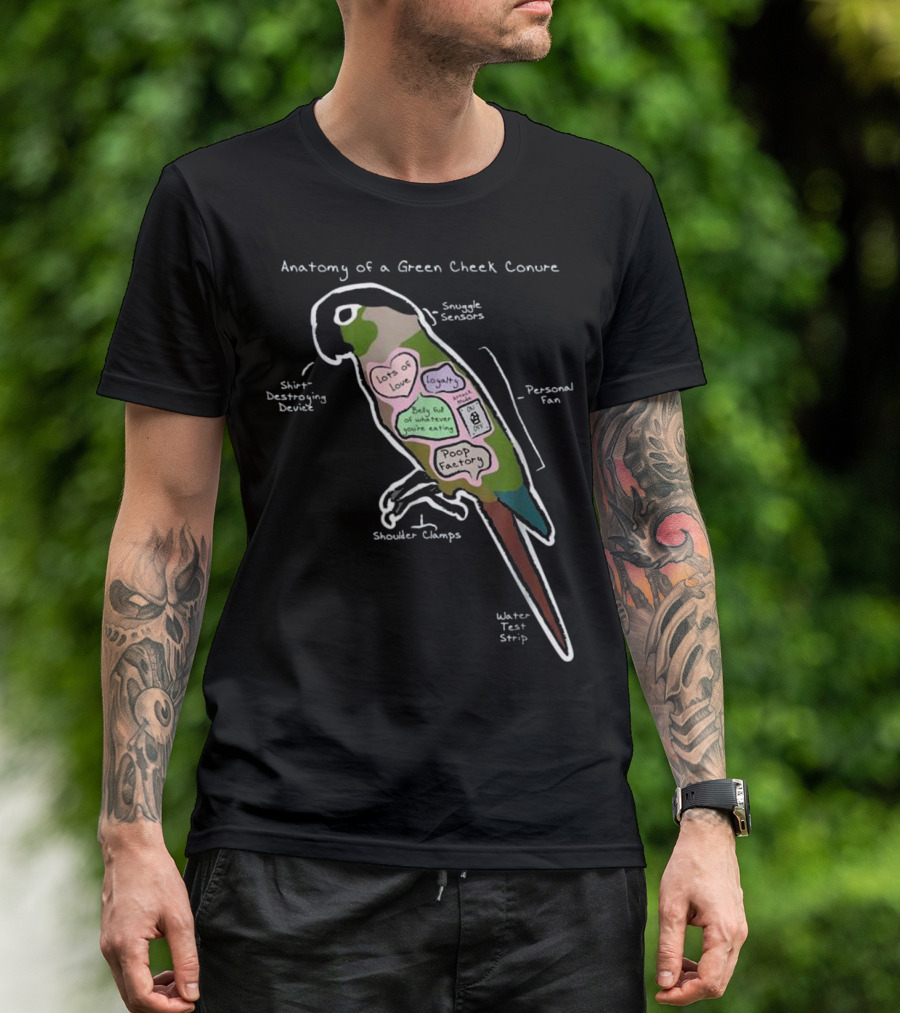 Anatomy Of A Green Cheek Conure Shirt-Destroying Device Snuggle Sensors Shoulder Clamps Poop Factory Personal Fan T-Shirt