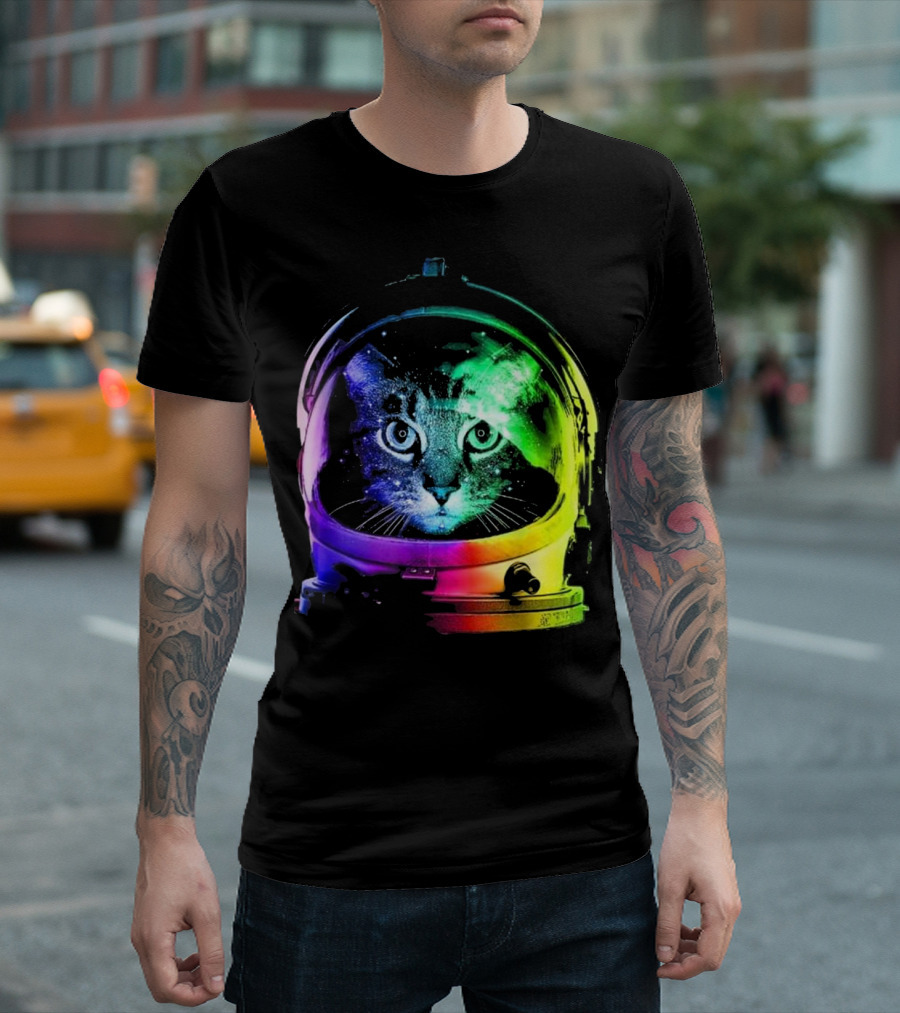 Space Cat In Astronaut Helmet With Cosmic Rainbow Colors T-Shirt
