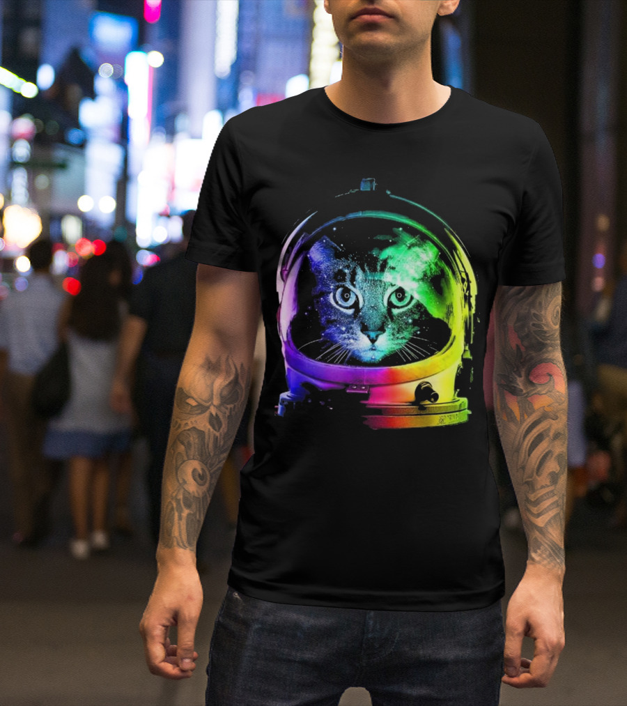 Space Cat In Astronaut Helmet With Cosmic Rainbow Colors T-Shirt