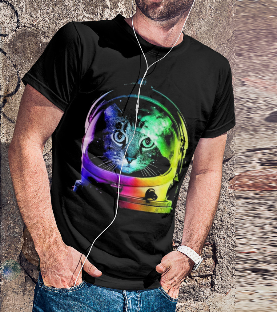 Space Cat In Astronaut Helmet With Cosmic Rainbow Colors T-Shirt