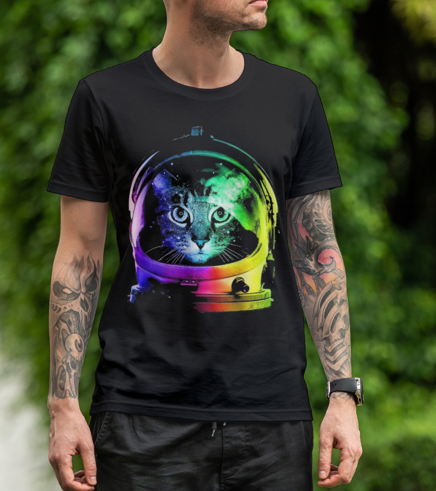Space Cat In Astronaut Helmet With Cosmic Rainbow Colors T-Shirt
