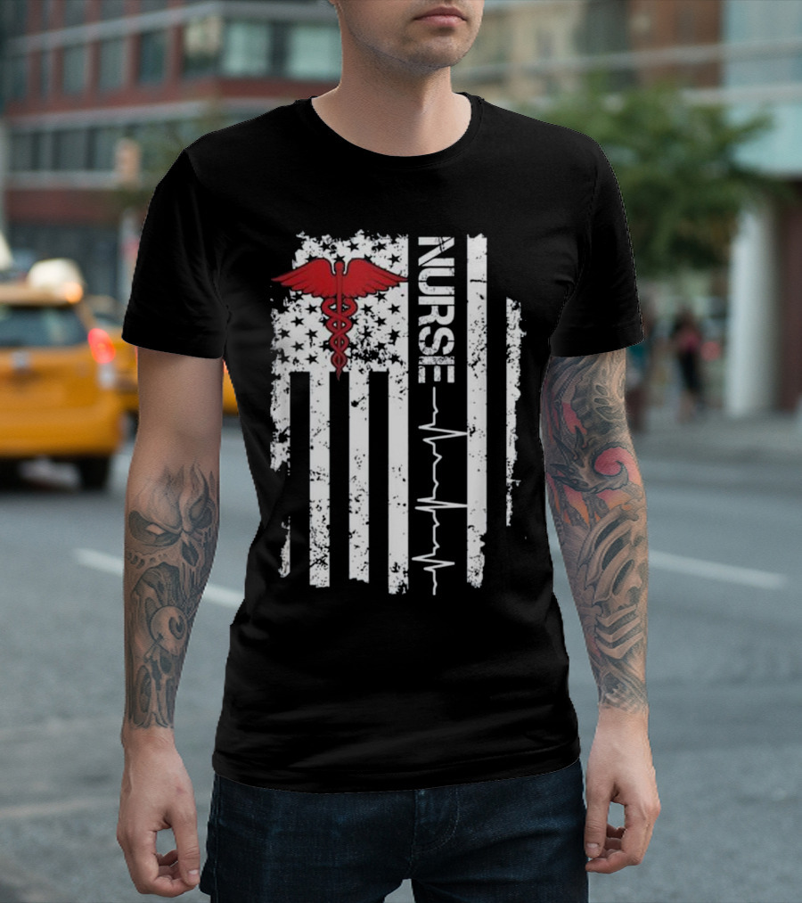 Nurse Caduceus Heartbeat American Flag Stars Stripes T-Shirt