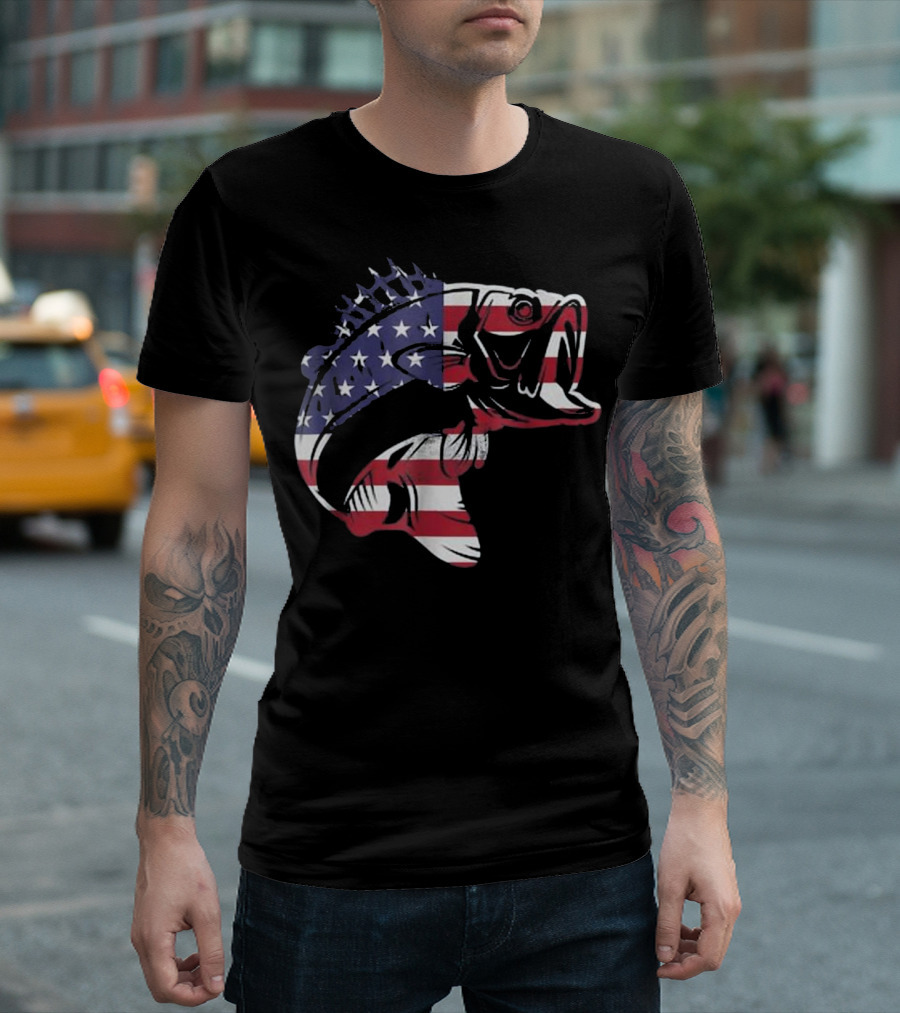 Bass Fishing American Flag Patriotic Bass Fisherman T-Shirt