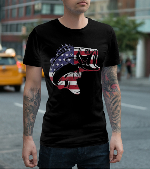 Bass Fishing American Flag Patriotic Bass Fisherman T-Shirt