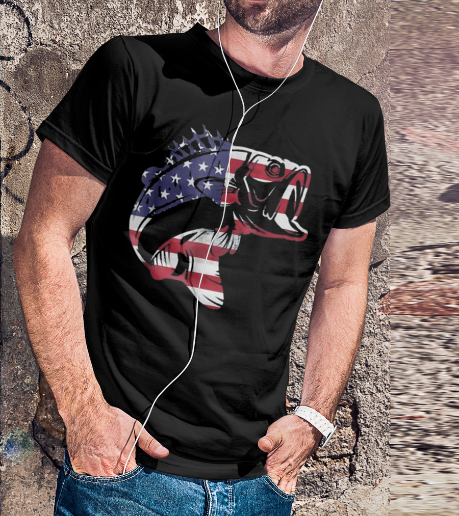 Bass Fishing American Flag Patriotic Bass Fisherman T-Shirt