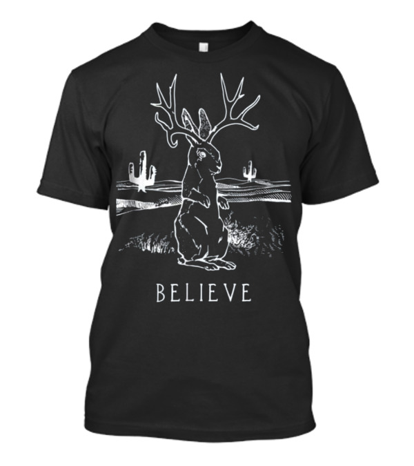 Believe Jackalope Cryptid Antlered Rabbit Desert Scene T-Shirt
