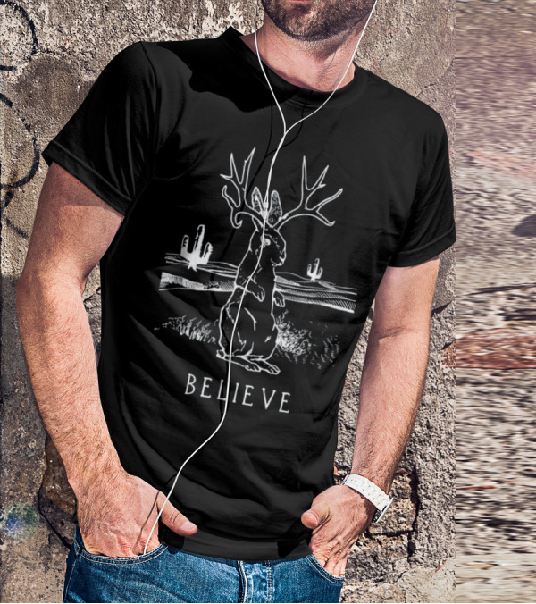 Believe Jackalope Cryptid Antlered Rabbit Desert Scene T-Shirt