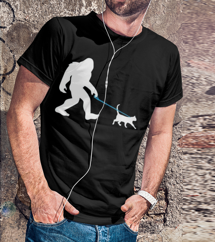 Bigfoot Walking Cat Funny Cute Sasquatch Silhouette Leash T-Shirt