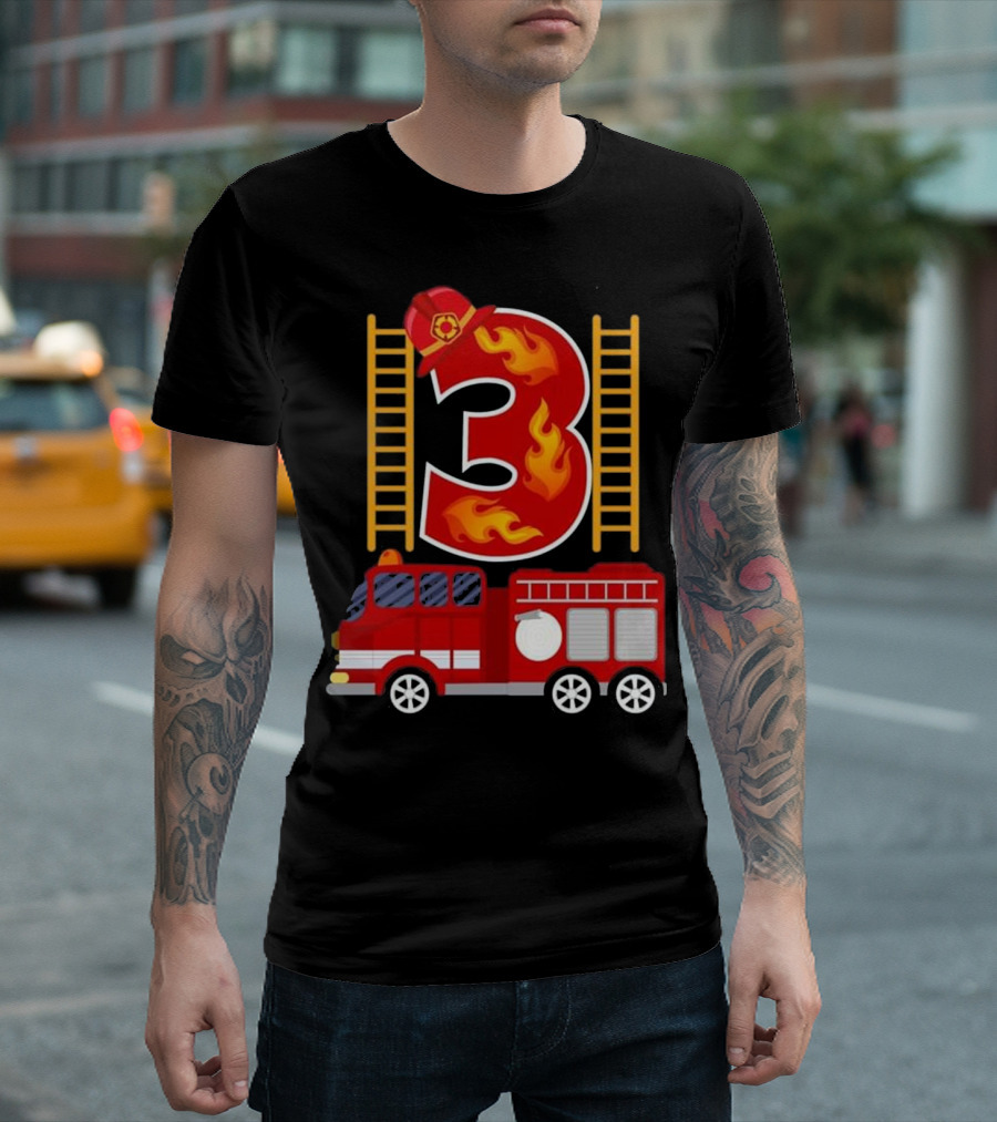Birthday Firefighter Number 3 Fire Truck Flames Hat Ladder T-Shirt