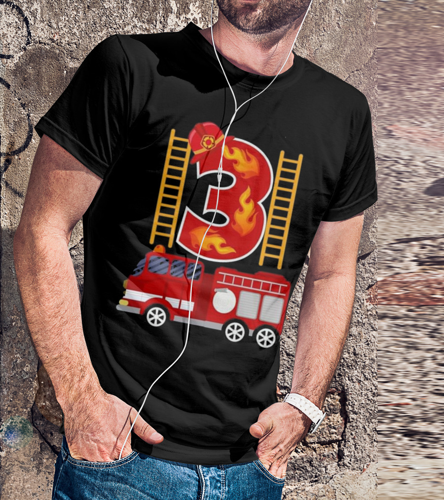 Birthday Firefighter Number 3 Fire Truck Flames Hat Ladder T-Shirt