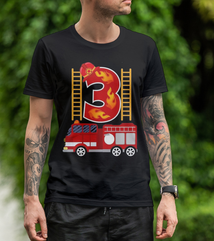 Birthday Firefighter Number 3 Fire Truck Flames Hat Ladder T-Shirt