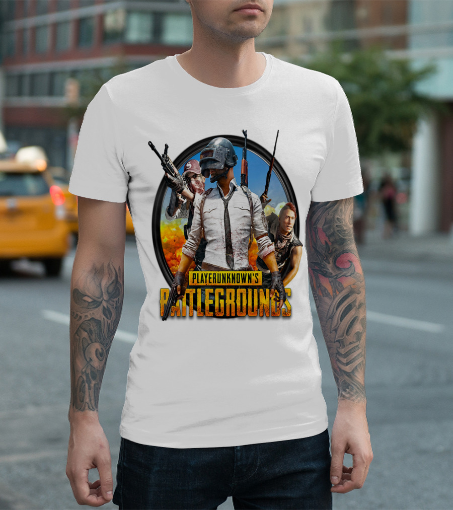 PlayerUnknown's Battlegrounds Trio Helmet and Weapons Explosive Background T-Shirt