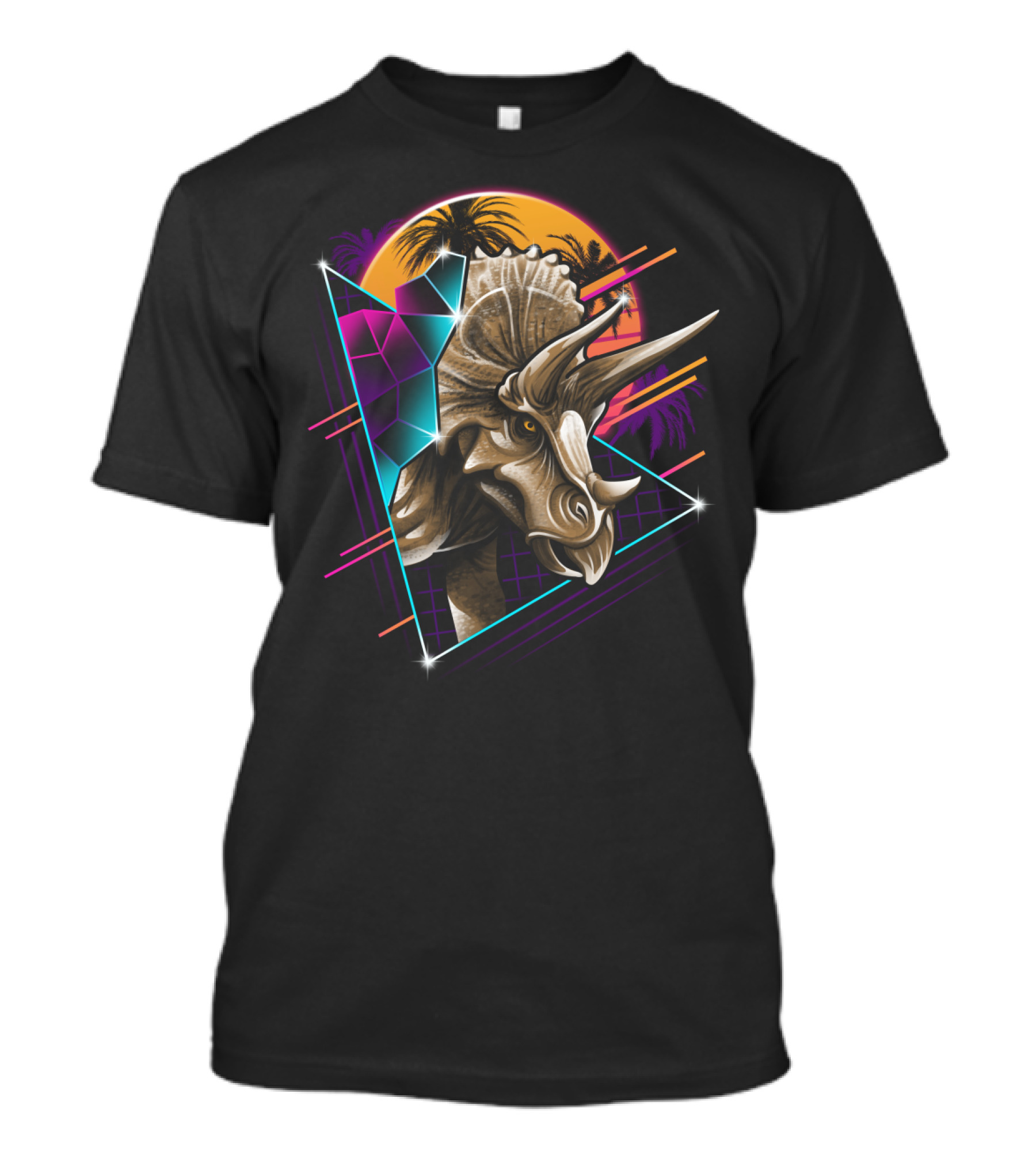 Retro Neon Sunset Triceratops With Geometric Palm Trees T-Shirt