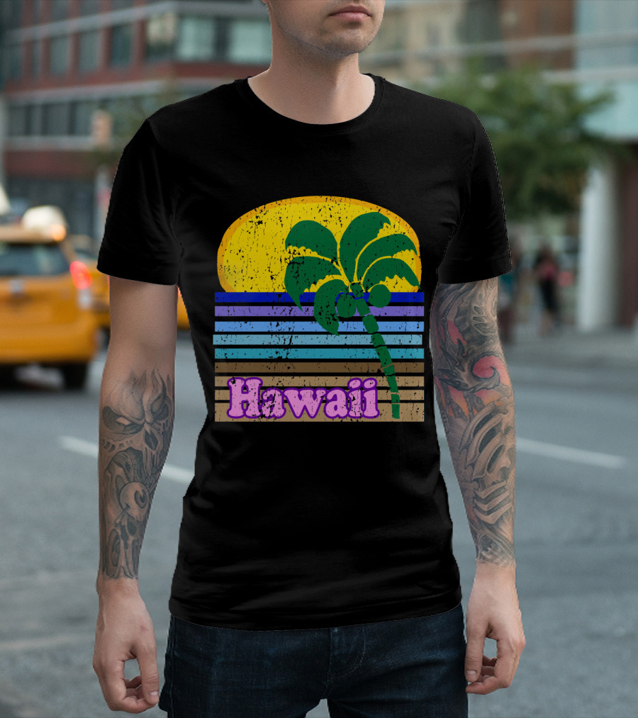 Retro Hawaii Sunset With Palm Tree And Striped Colors T-Shirt