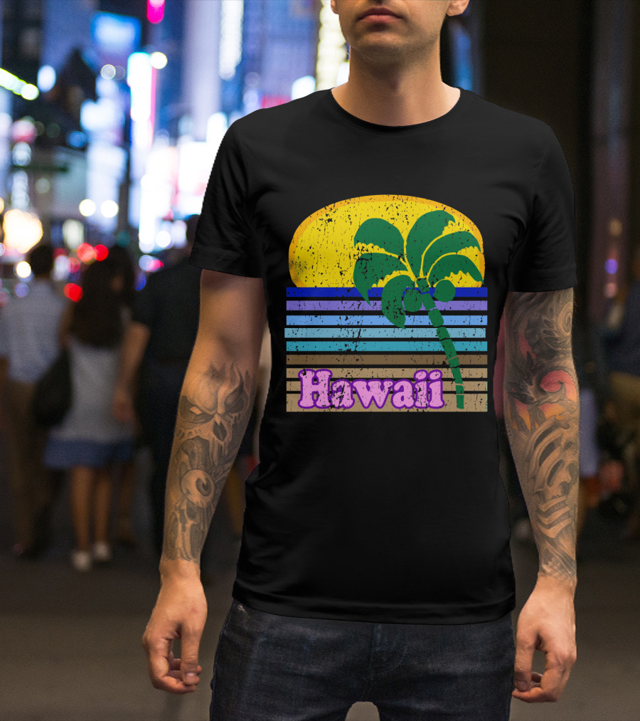Retro Hawaii Sunset With Palm Tree And Striped Colors T-Shirt