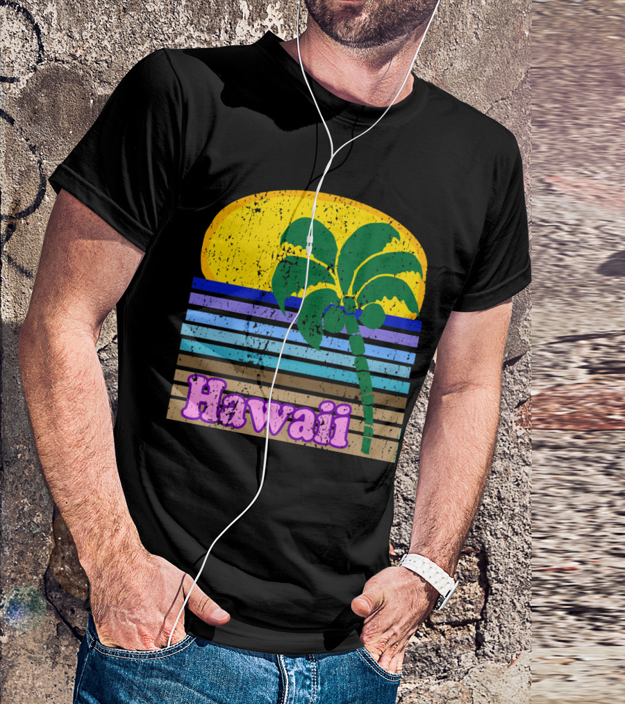 Retro Hawaii Sunset With Palm Tree And Striped Colors T-Shirt