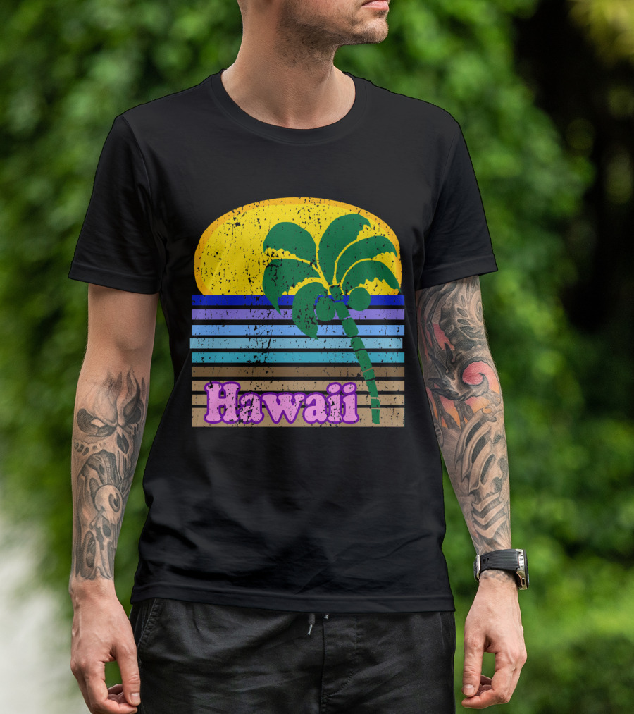 Retro Hawaii Sunset With Palm Tree And Striped Colors T-Shirt