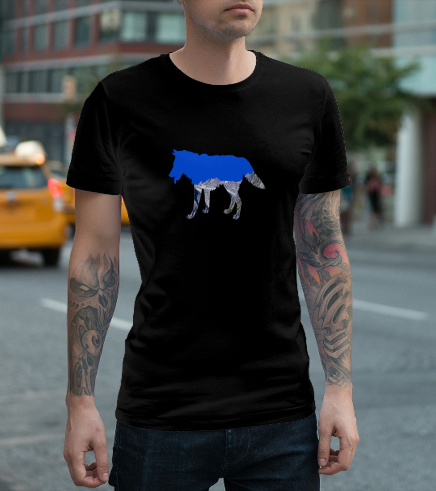 Wolf Silhouette With Mountain Landscape In Bold Blue T-Shirt