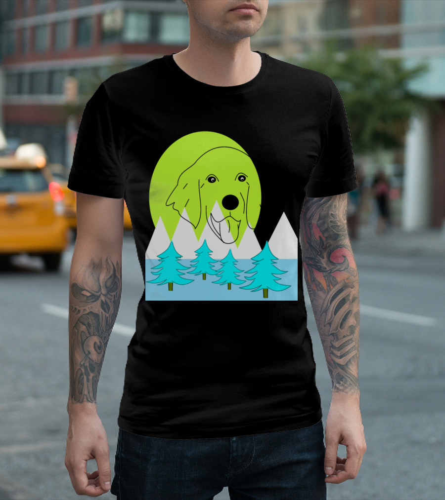 Golden Retriever Over Snowy Mountain Pines and Bright Green Moon T-Shirt