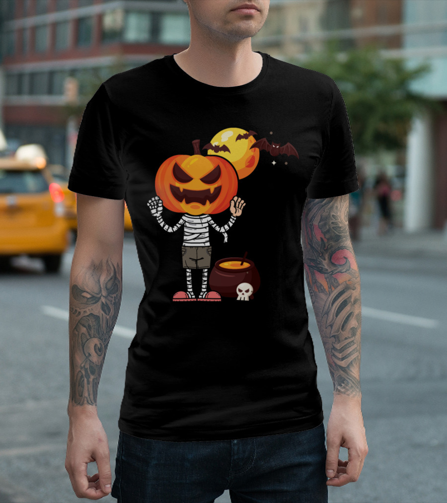Halloween Pumpkin Mummy with Cauldron Bat Moon T-Shirt