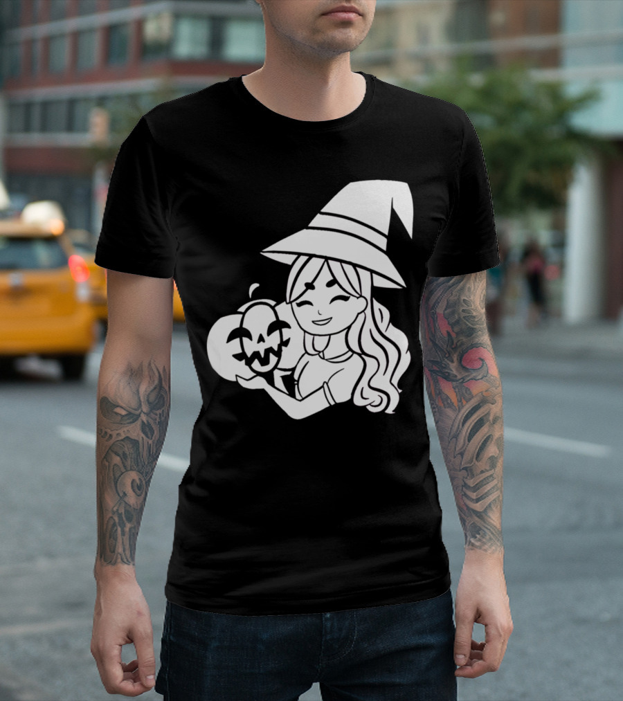 Witch Holding Smiling Pumpkin T-Shirt