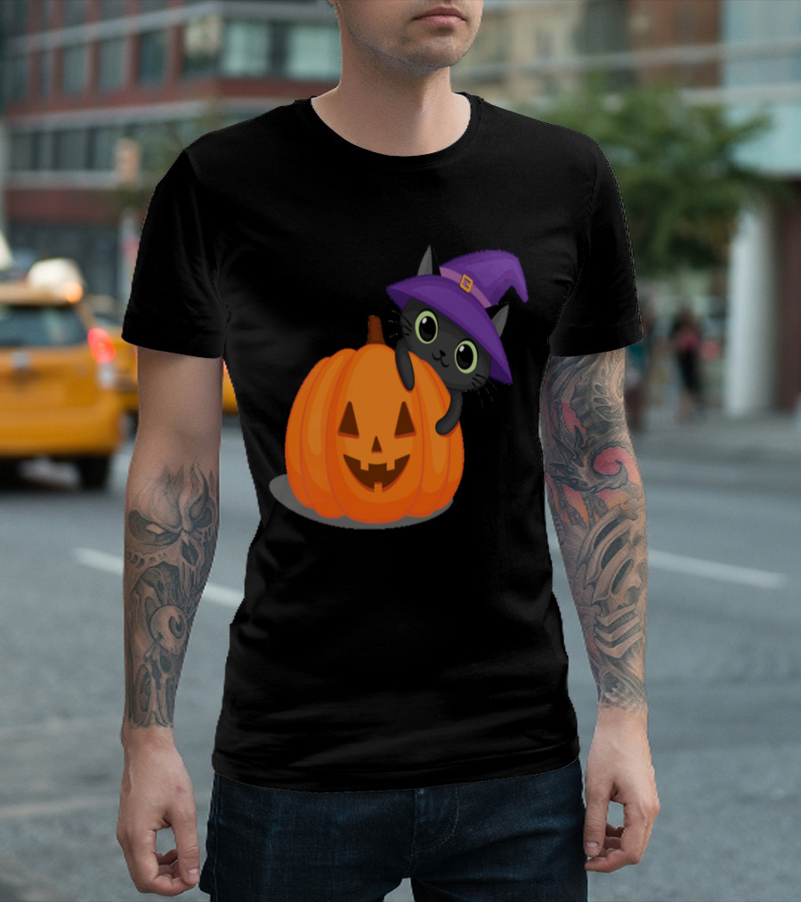 Cat Witch Hat Jack-o'-Lantern Pumpkin T-Shirt