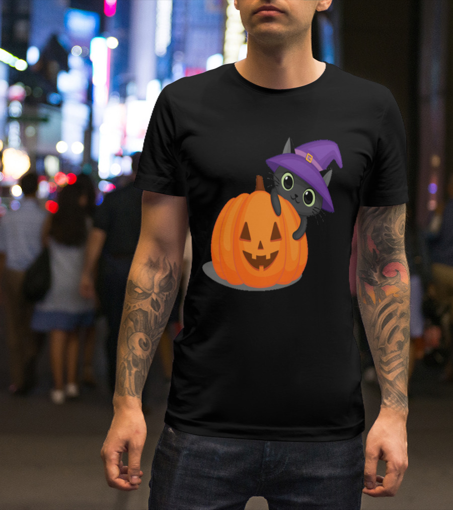 Cat Witch Hat Jack-o'-Lantern Pumpkin T-Shirt