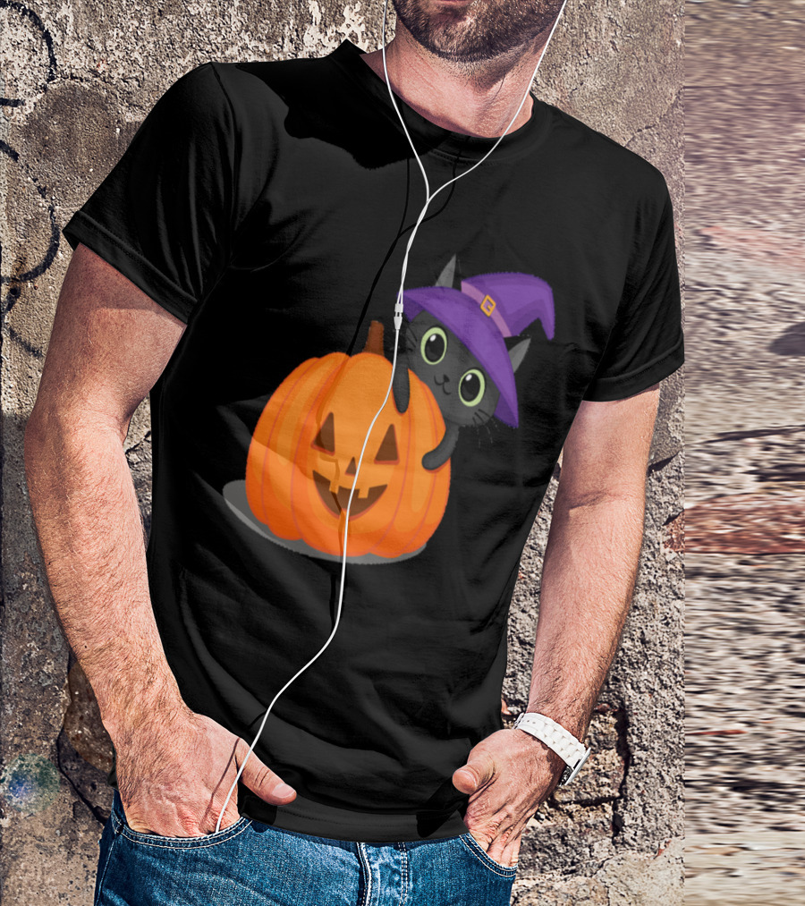 Cat Witch Hat Jack-o'-Lantern Pumpkin T-Shirt