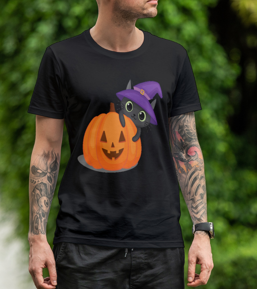 Cat Witch Hat Jack-o'-Lantern Pumpkin T-Shirt