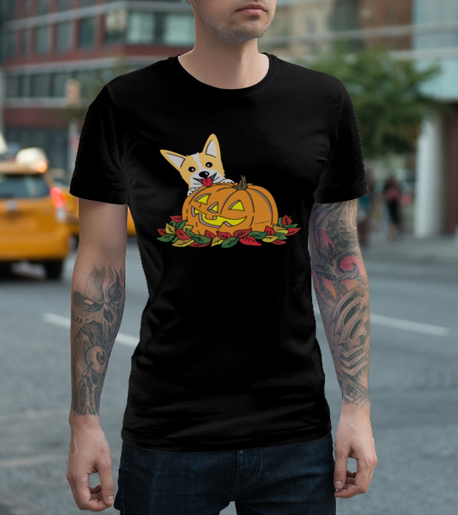 Corgi Puppy with Jack-O'-Lantern and Autumn Leaves T-Shirt