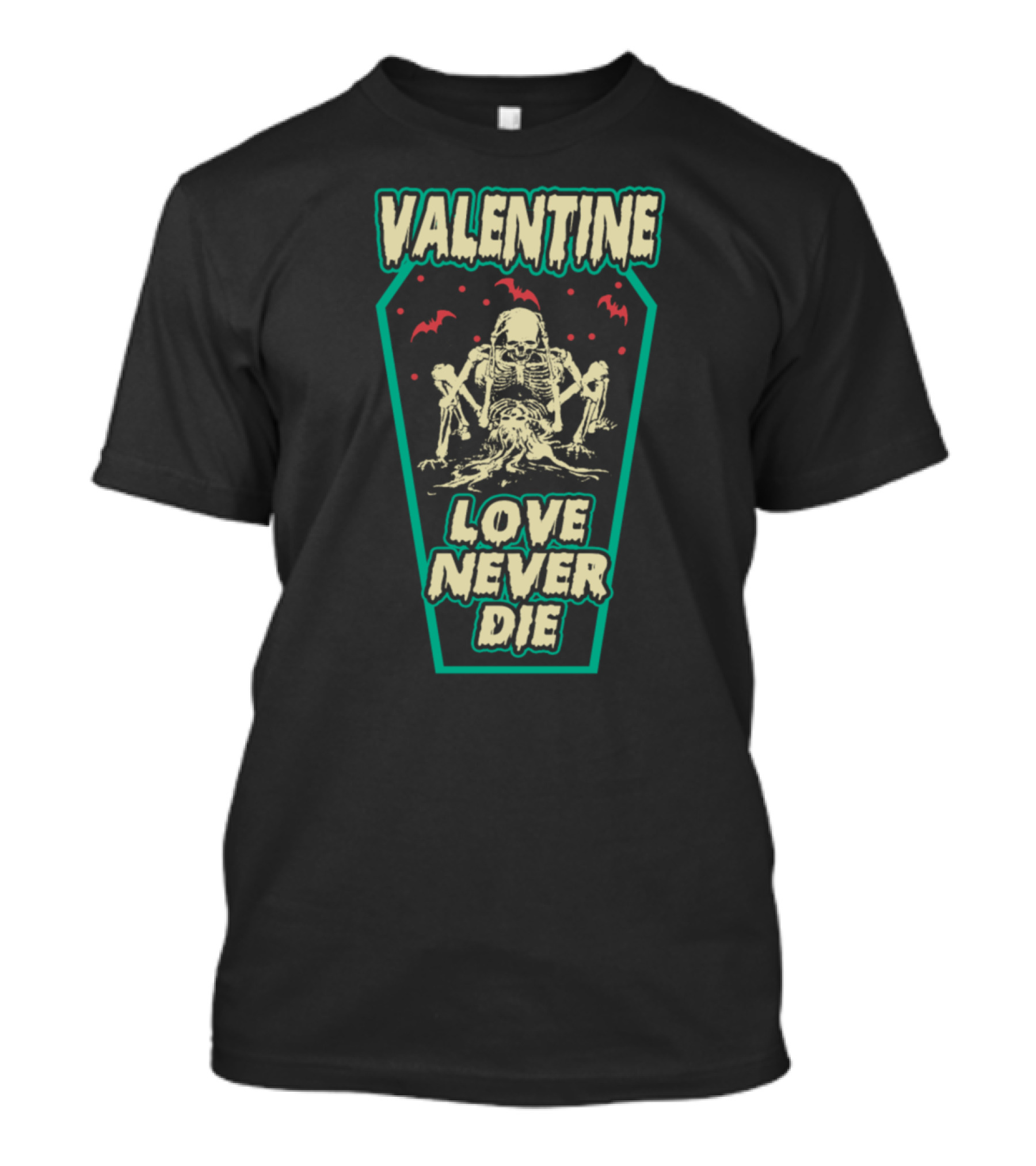 VALENTINE LOVE NEVER DIE Skeleton Couple Coffin Bats T-Shirt