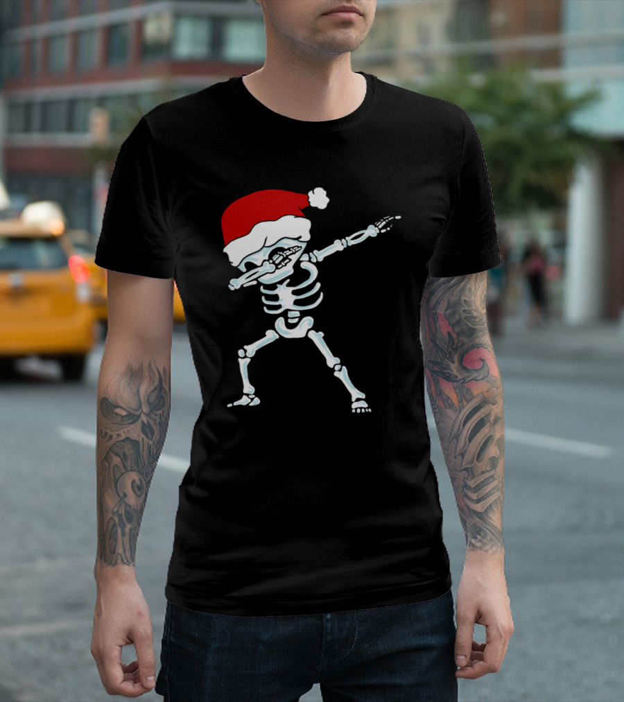 Dabbing Skeleton Wearing Santa Hat for Christmas T-Shirt