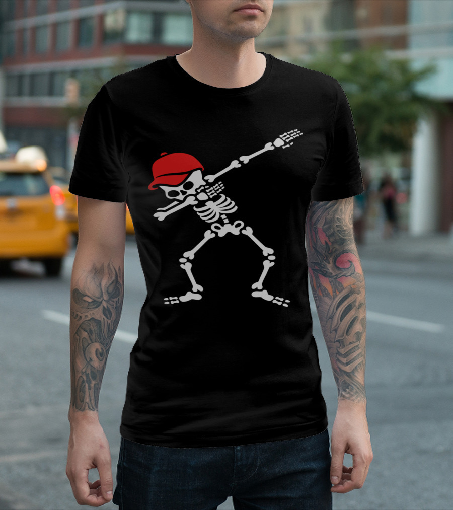 Dabbing Skeleton Wearing Red Baseball Cap Dab Dance T-Shirt