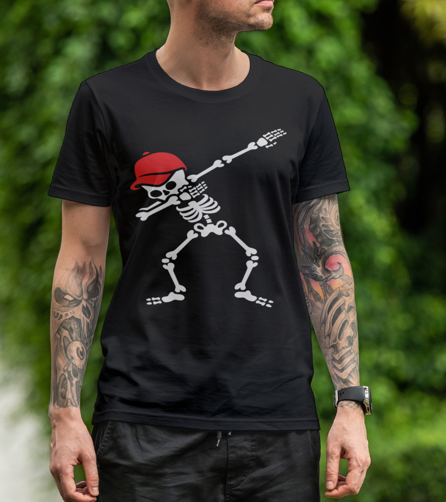 Dabbing Skeleton Wearing Red Baseball Cap Dab Dance T-Shirt