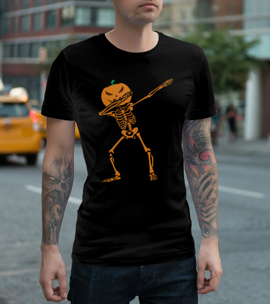 Halloween Pumpkin Head Dabbing Skeleton T-Shirt