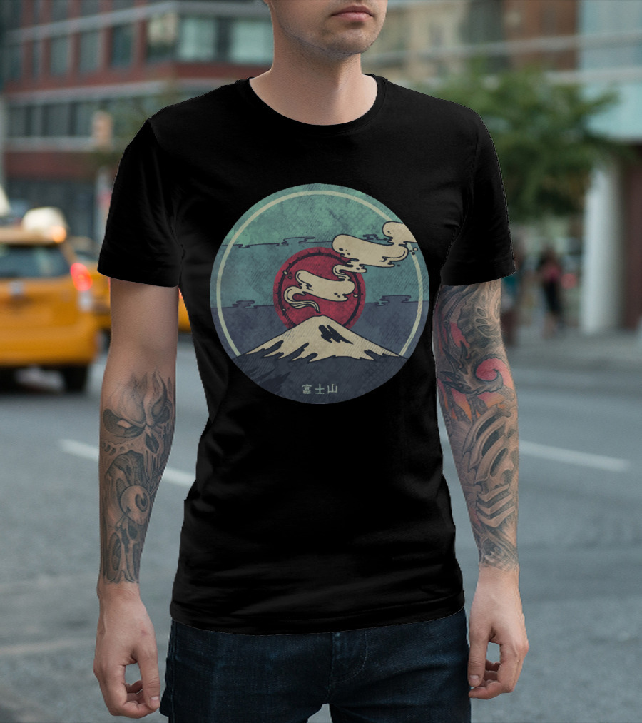 Mount Fuji Vintage Style with Rising Sun and Clouds T-Shirt