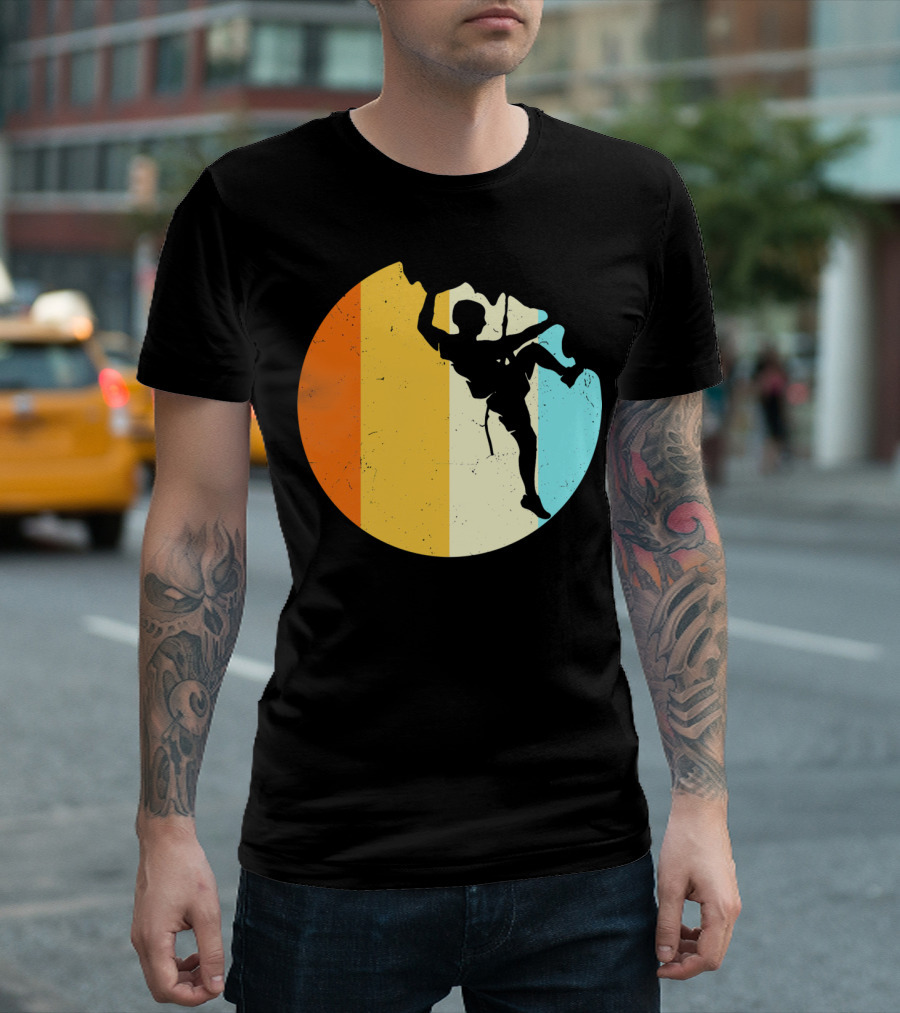 Retro Rock Climbing Silhouette With Colorful Stripes T-Shirt