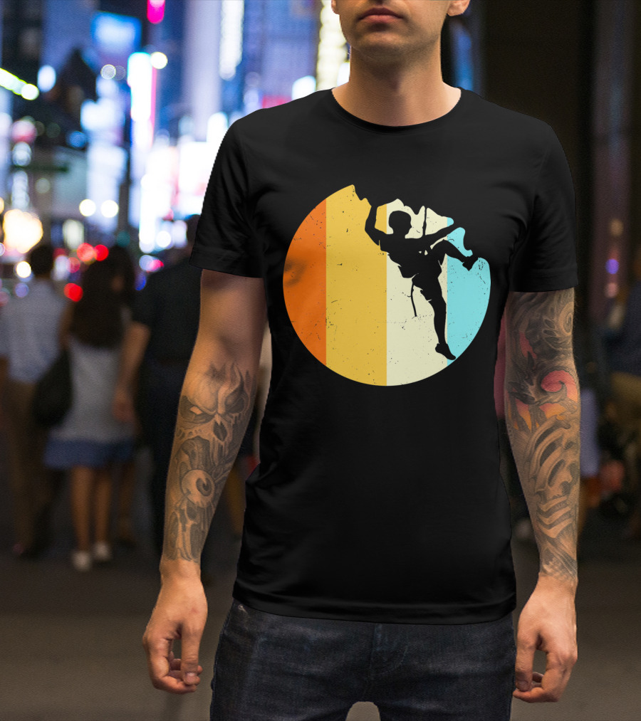 Retro Rock Climbing Silhouette With Colorful Stripes T-Shirt