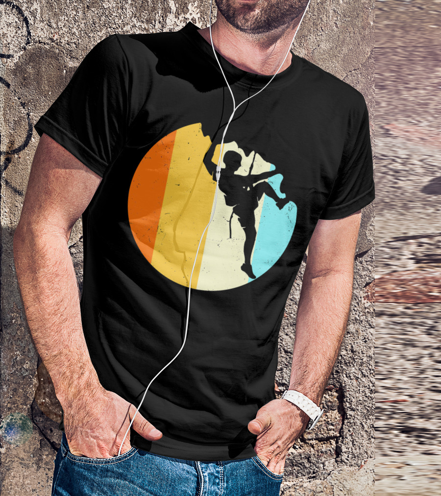 Retro Rock Climbing Silhouette With Colorful Stripes T-Shirt