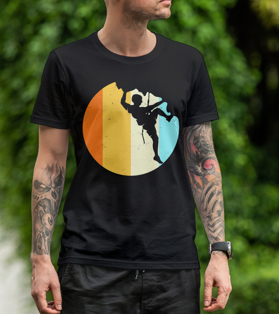 Retro Rock Climbing Silhouette With Colorful Stripes T-Shirt