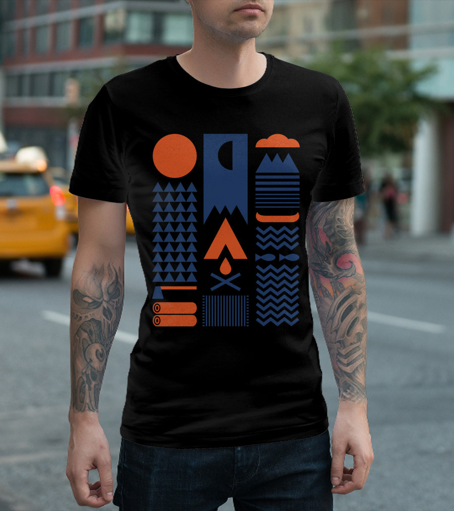 Geometric Nature Elements With Mountains Campfire Patterns And Moon Phases In Simplify T-Shirt