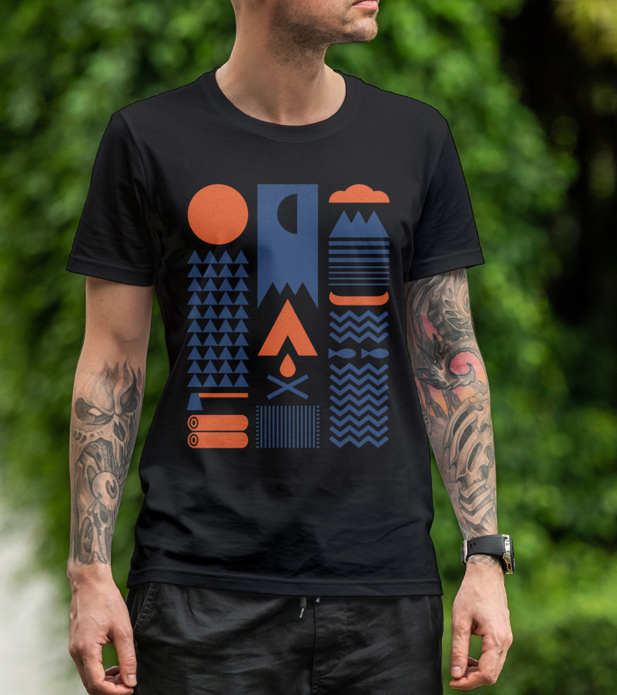 Geometric Nature Elements With Mountains Campfire Patterns And Moon Phases In Simplify T-Shirt